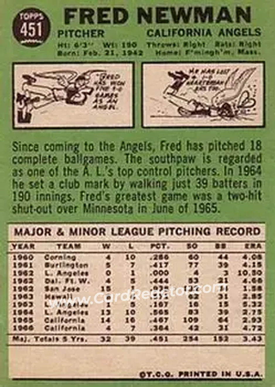 1967 Topps #451 - Fred Newman - California Angels - Back