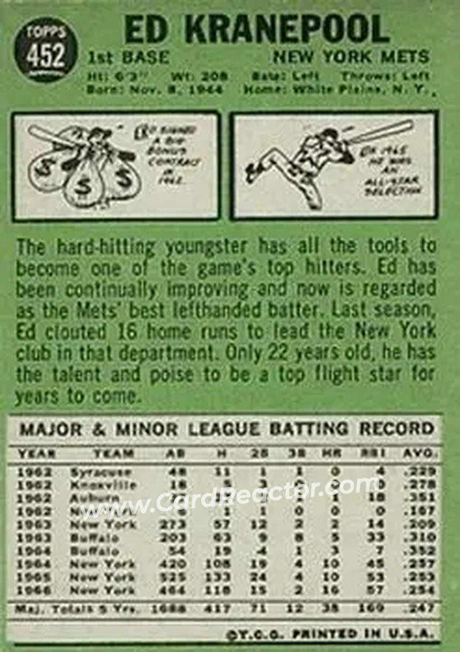 1967 Topps #452 - Ed Kranepool - New York Mets - Back