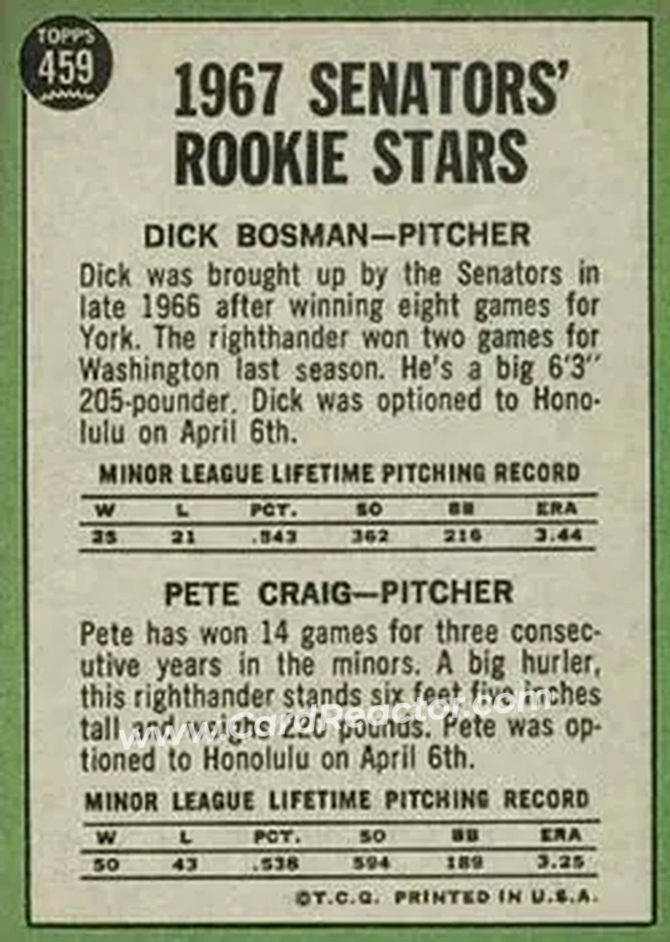 1967 Topps #459 - Card #459 - Washington Senators - Back
