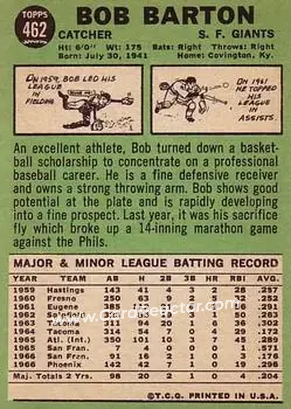 1967 Topps #462 - Bob Barton - San Francisco Giants - Back