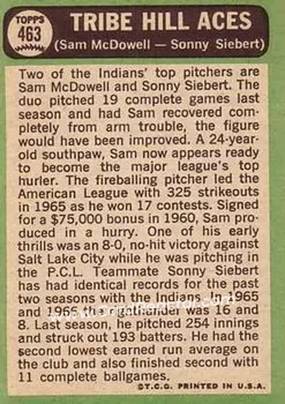 1967 Topps #463 - Card #463 - Cleveland Indians - Back 1967 Topps #463 - Card #463 - Cleveland Indians - Back