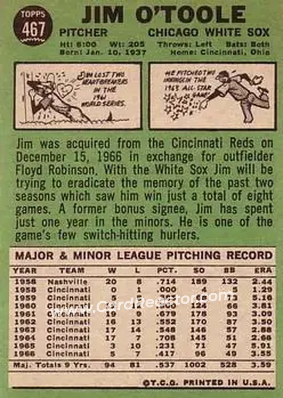 1967 Topps #467 - Jim O'Toole - Chicago White Sox - Back