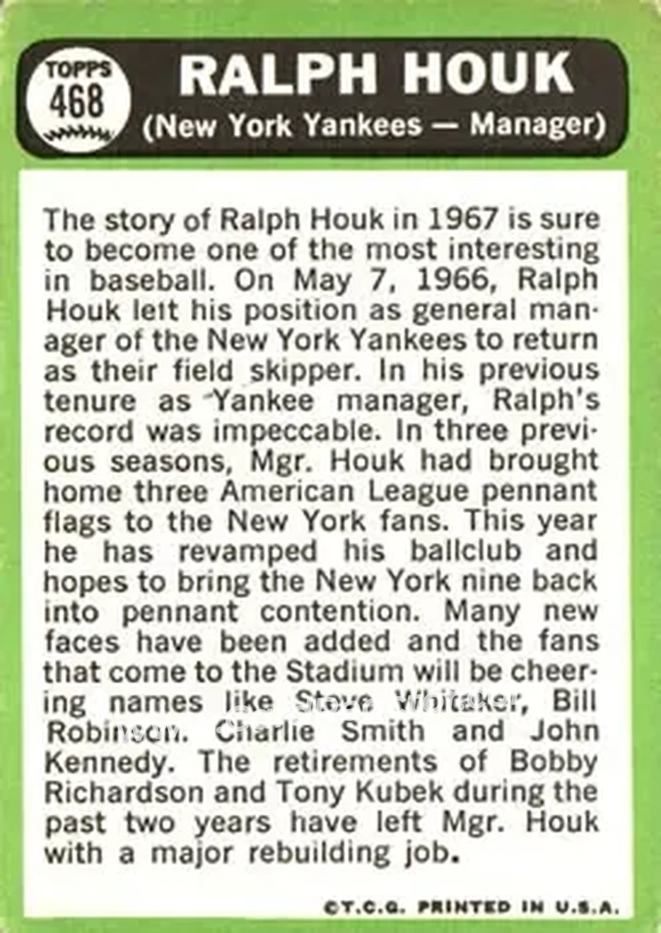 1967 Topps #468 - Ralph Houk - New York Yankees - Back 1967 Topps #468 - Ralph Houk - New York Yankees - Back