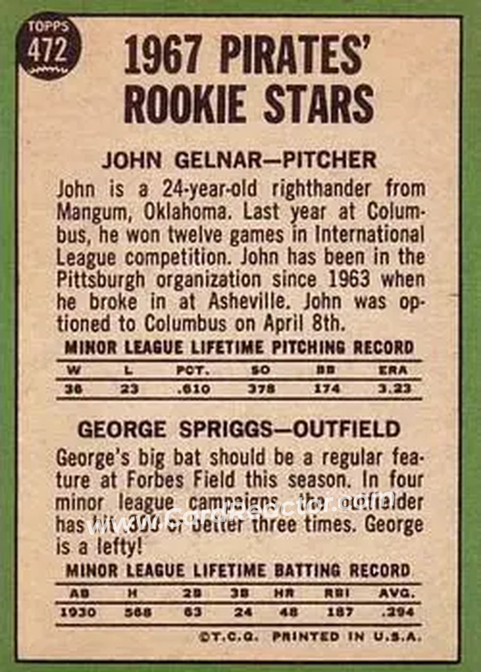 1967 Topps #472 - Card #472 - Pittsburgh Pirates - Back