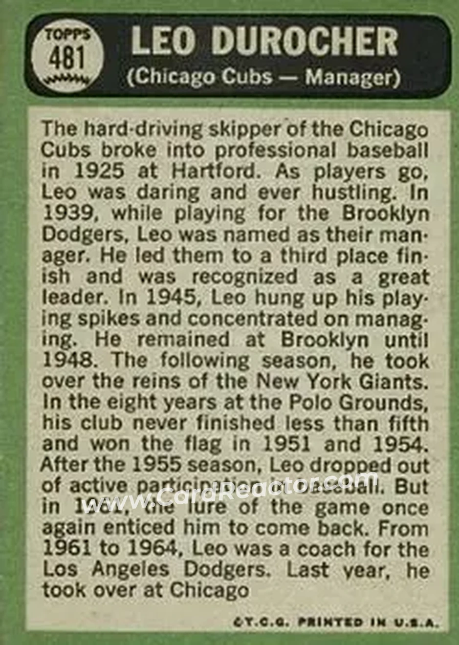 1967 Topps #481 - Leo Durocher - Chicago Cubs - Back