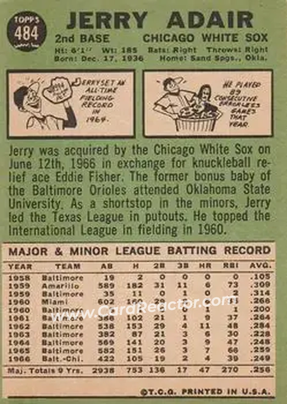 1967 Topps #484 - Jerry Adair - Chicago White Sox - Back