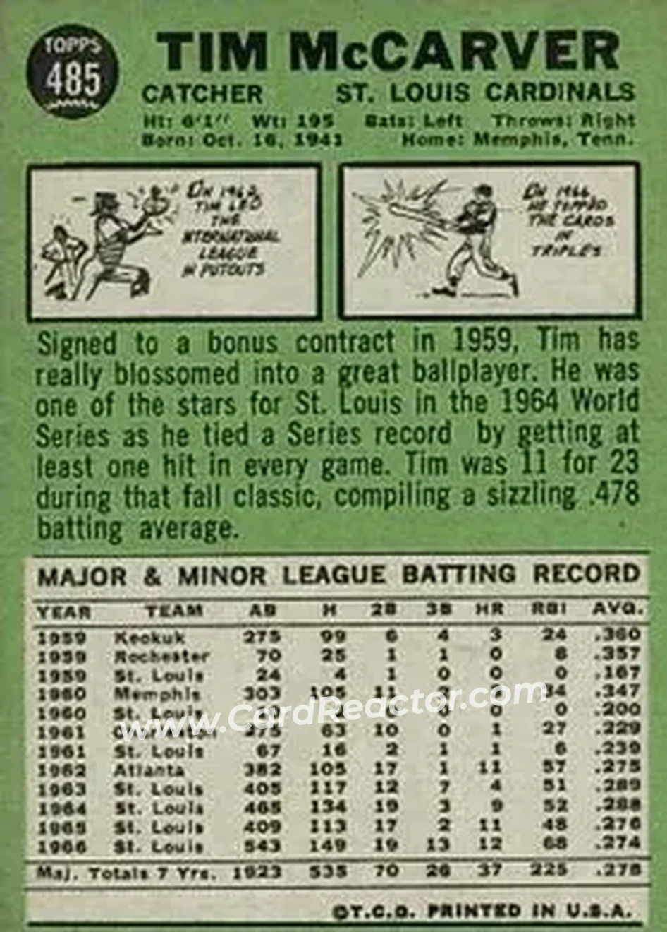 1967 Topps #485 - Tim McCarver - St. Louis Cardinals - Back