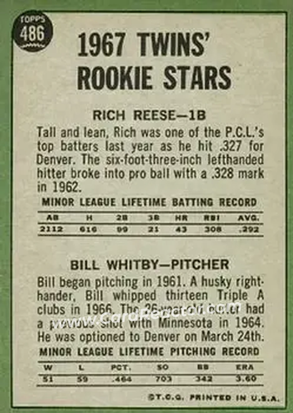 1967 Topps #486 - Card #486 - Minnesota Twins - Back