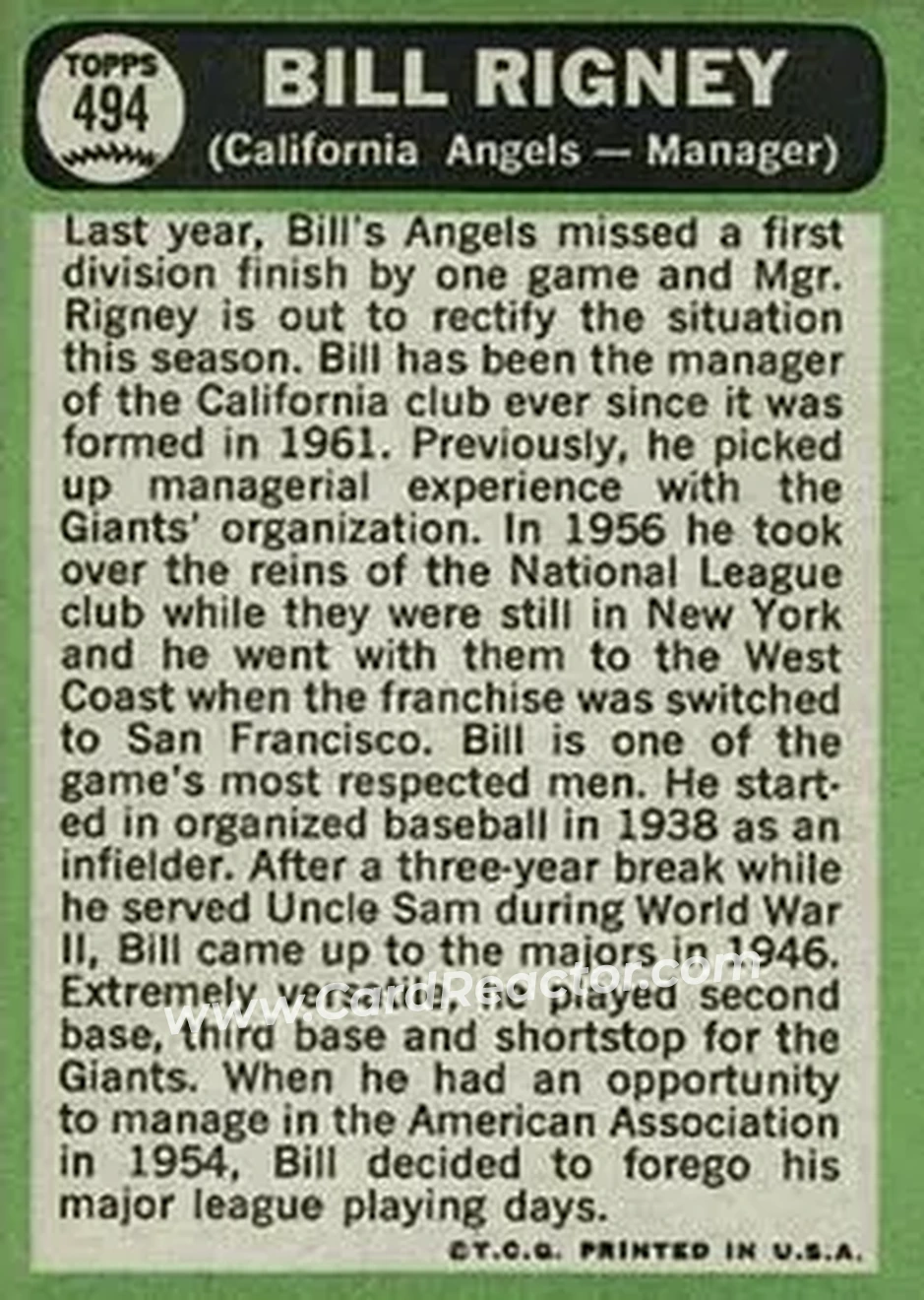 1967 Topps #494 - Bill Rigney - California Angels - Back