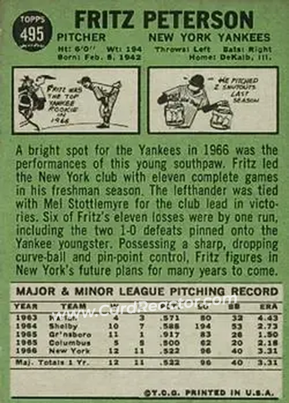 1967 Topps #495 - Fritz Peterson - New York Yankees - Back
