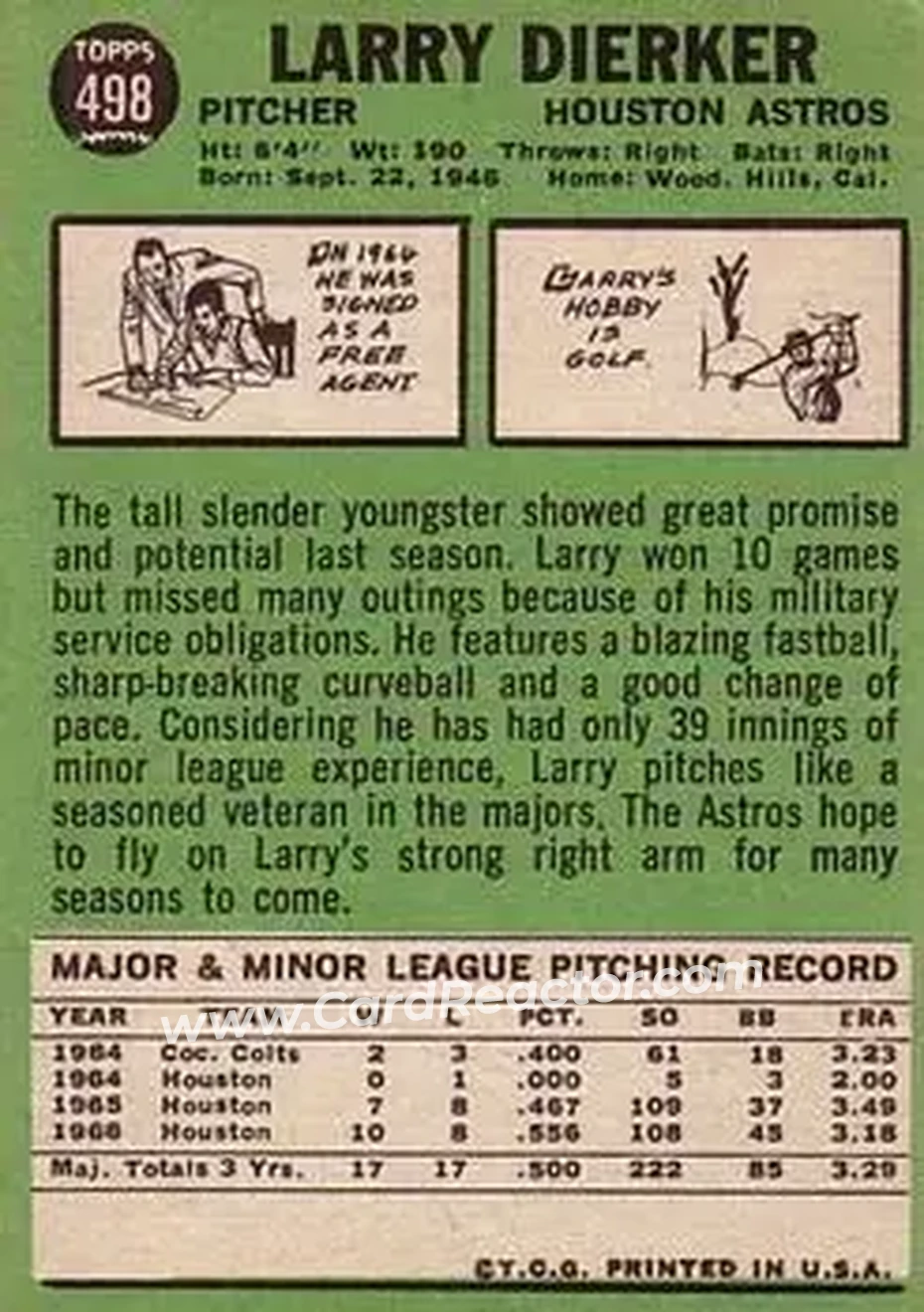1967 Topps #498 - Larry Dierker - Houston Astros - Back