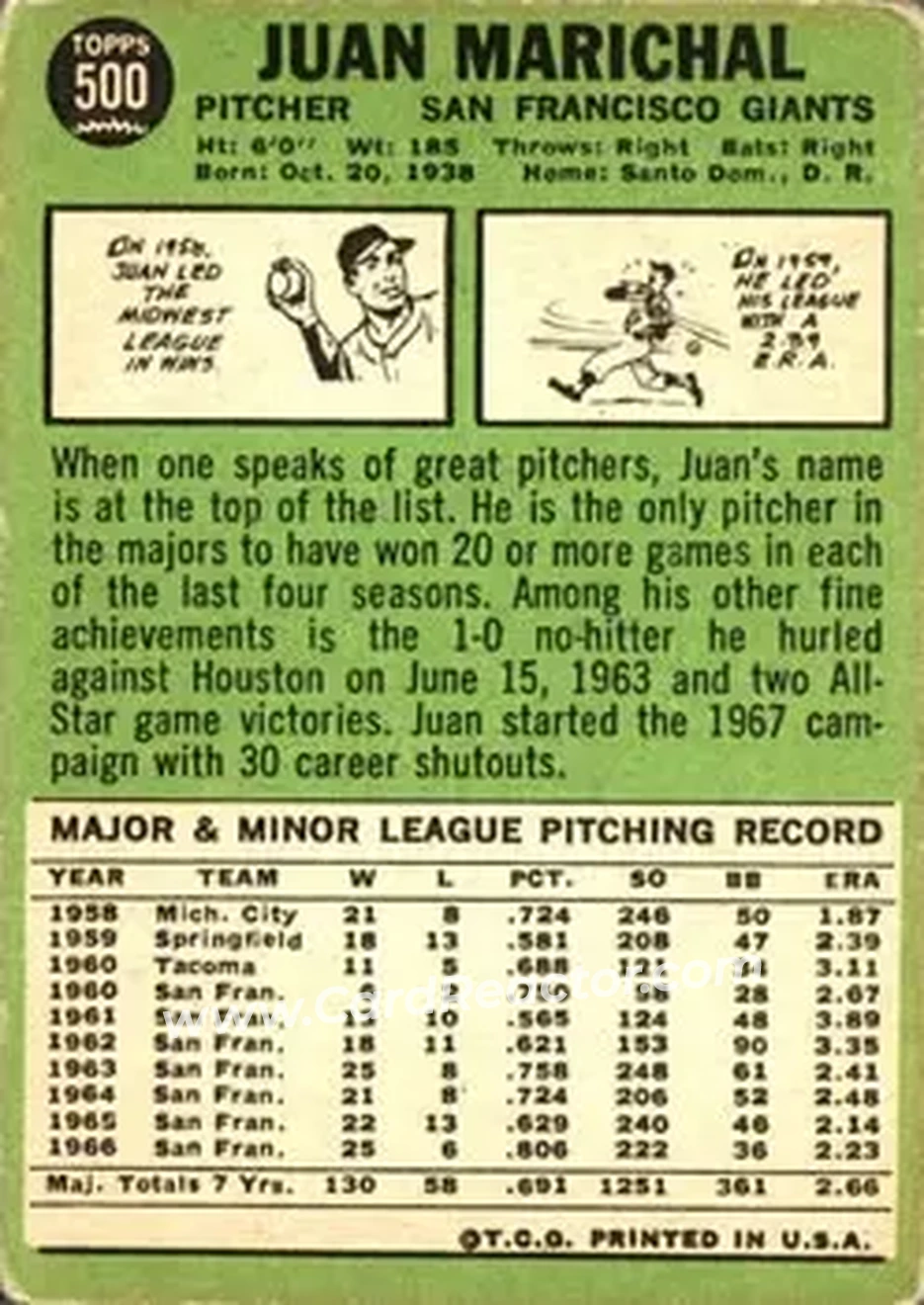 1967 Topps #500 - Juan Marichal - San Francisco Giants - Back