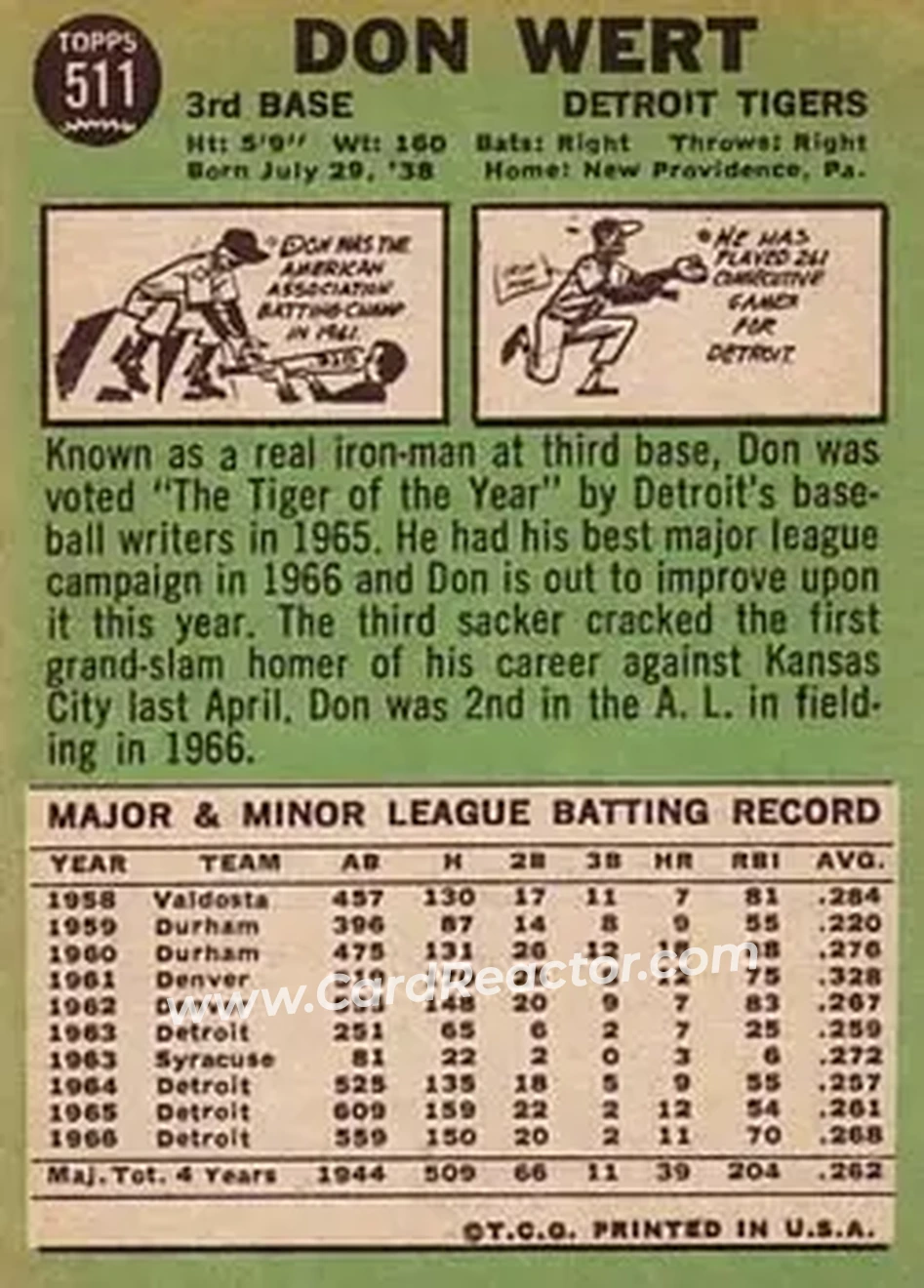 1967 Topps #511 - Don Wert - Detroit Tigers - Back