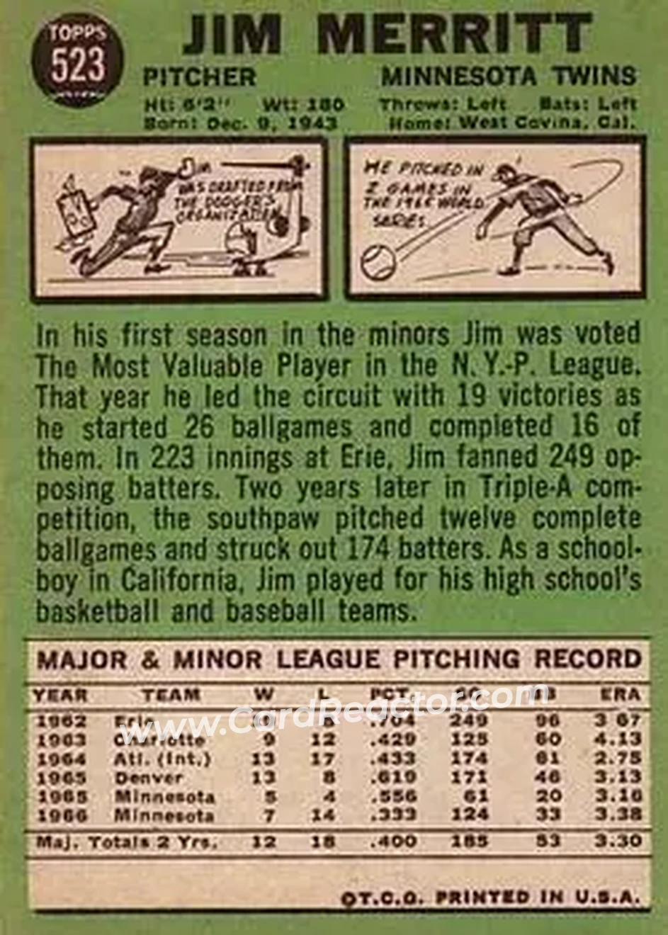 1967 Topps #523 - Jim Merritt - Minnesota Twins - Back