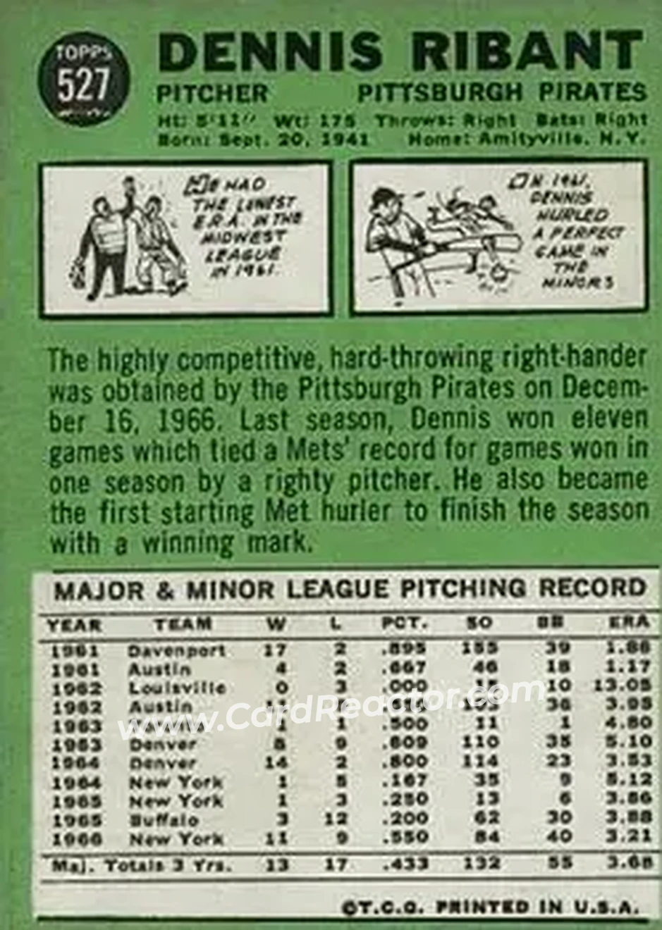 1967 Topps #527 - Dennis Ribant - Pittsburgh Pirates - Back