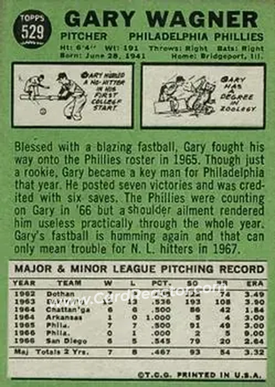 1967 Topps #529 - Gary Wagner - Philadelphia Phillies - Back