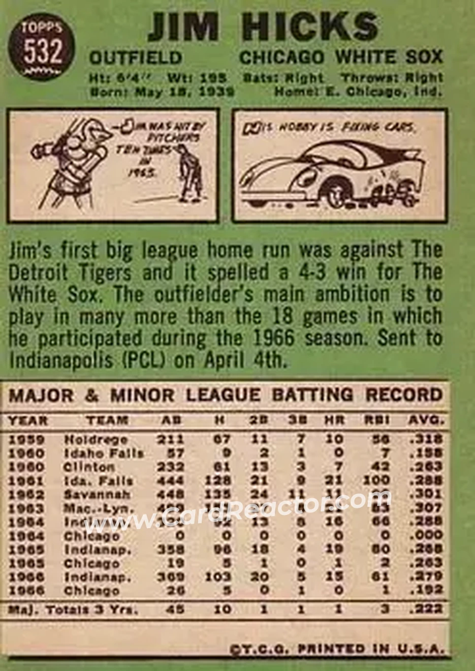 1967 Topps #532 - Jim Hicks - Chicago White Sox - Back