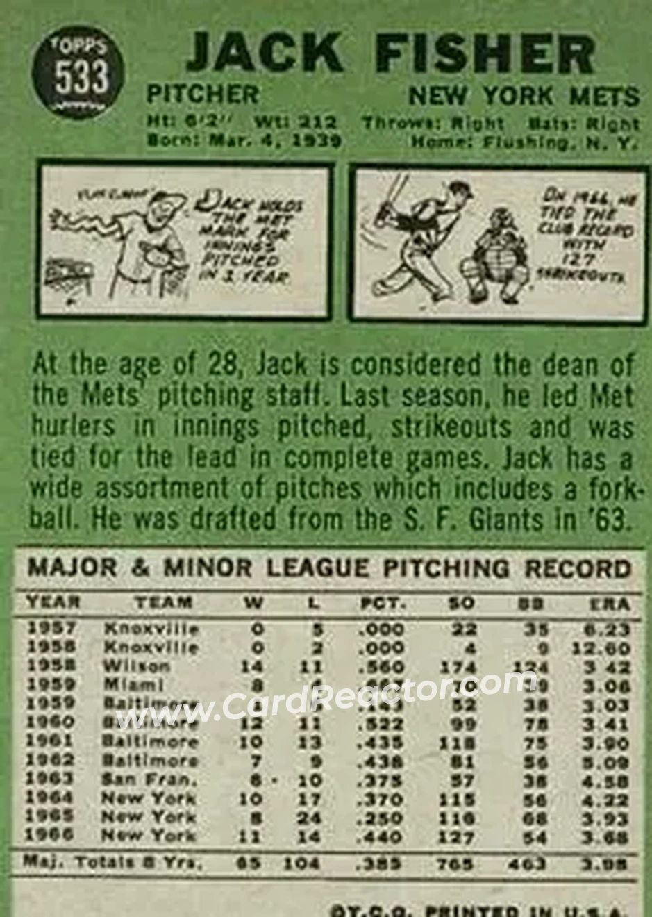 1967 Topps #533 - Jack Fisher - New York Mets - Back 1967 Topps #533 - Jack Fisher - New York Mets - Back