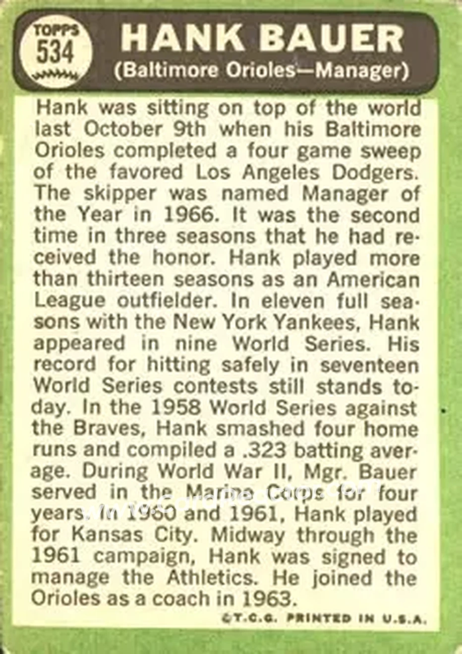 1967 Topps #534 - Hank Bauer - Baltimore Orioles - Back 1967 Topps #534 - Hank Bauer - Baltimore Orioles - Back