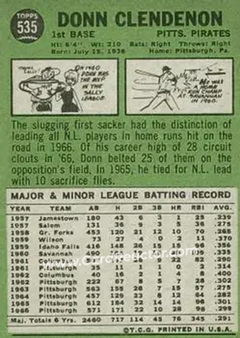 1967 Topps #535 - Donn Clendenon - Pittsburgh Pirates - Back 1967 Topps #535 - Donn Clendenon - Pittsburgh Pirates - Back