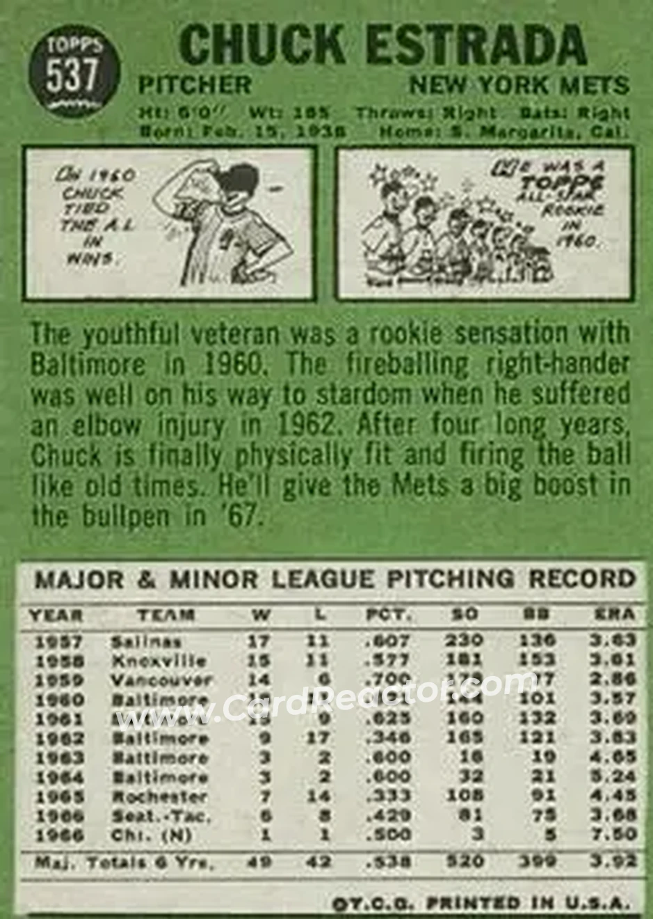 1967 Topps #537 - Chuck Estrada - New York Mets - Back