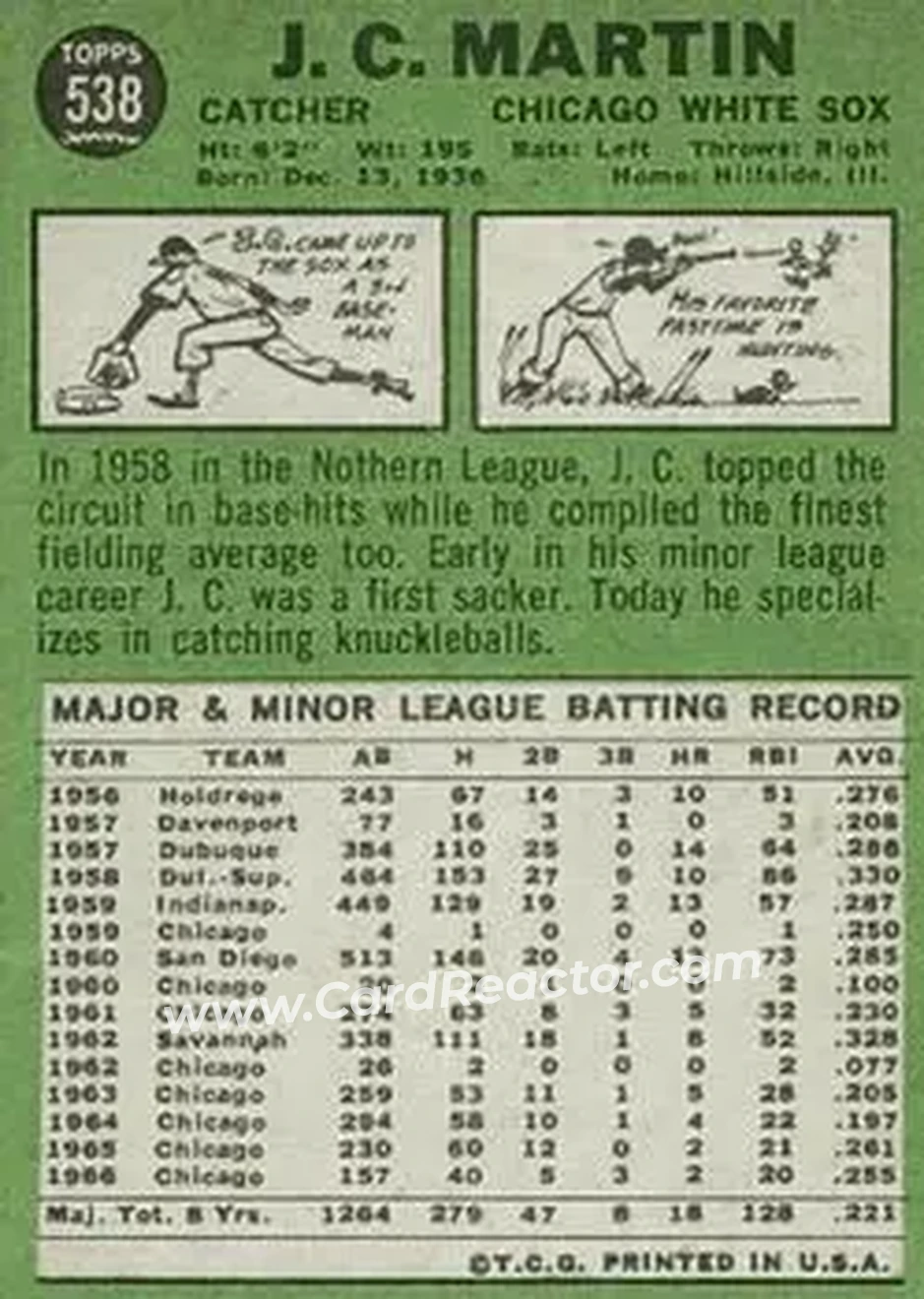 1967 Topps #538 - J.C. Martin - Chicago White Sox - Back