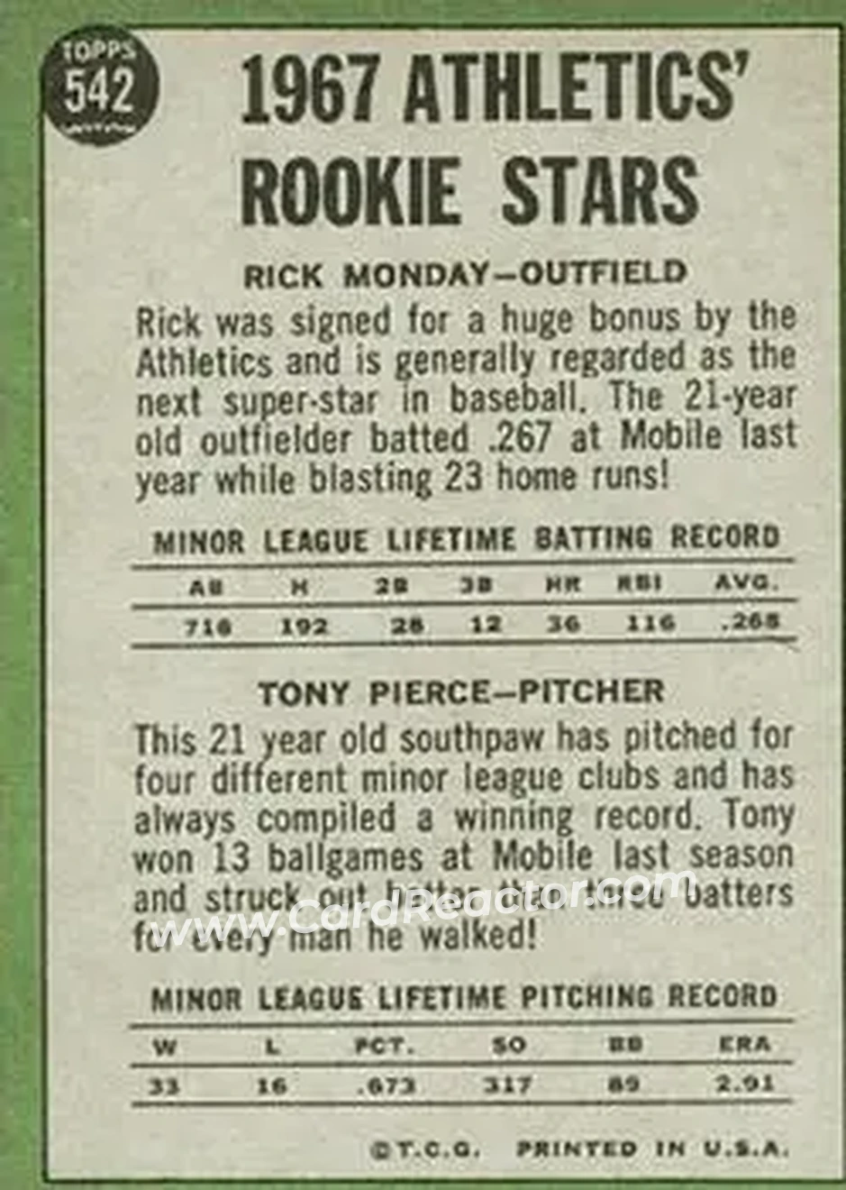 1967 Topps #542 - Card #542 - Kansas City Athletics - Back