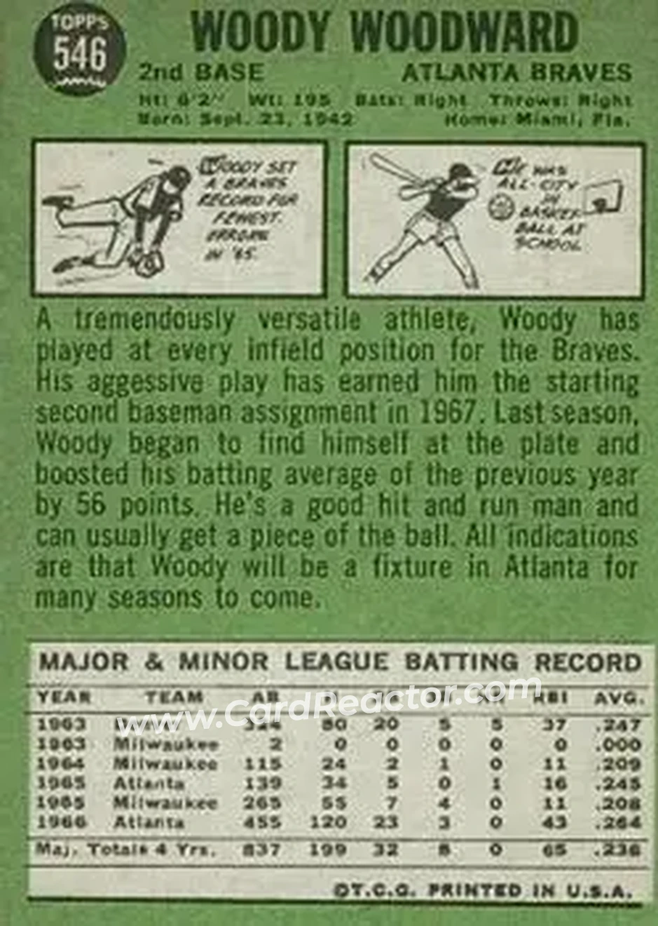 1967 Topps #546 - Woody Woodward - Atlanta Braves - Back