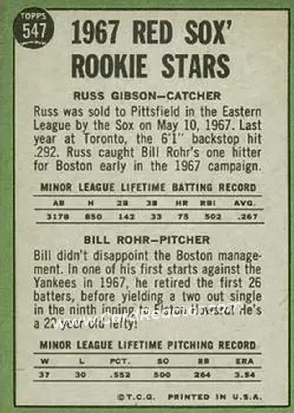 1967 Topps #547 - Card #547 - Boston Red Sox - Back