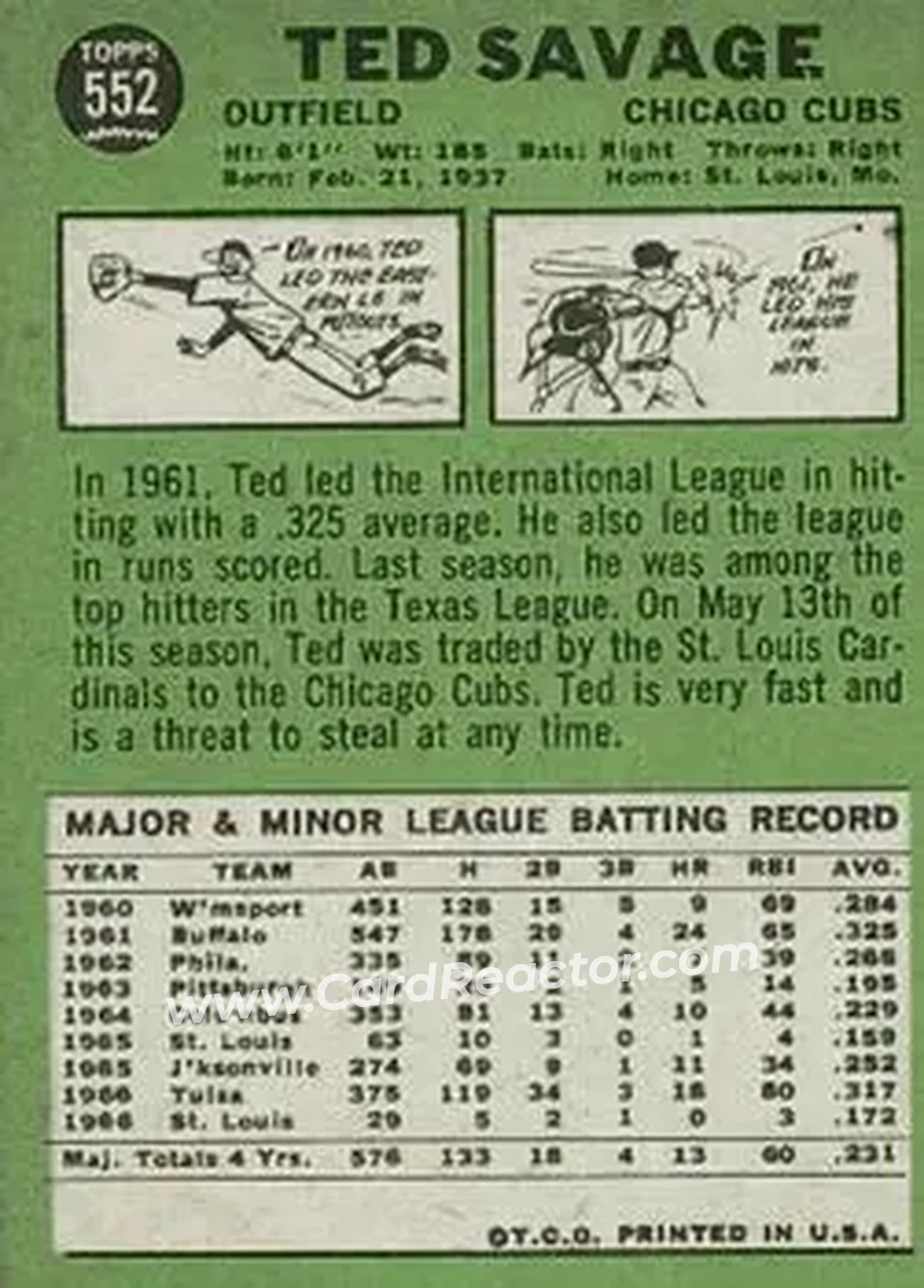 1967 Topps #552 - Ted Savage - Chicago Cubs - Back