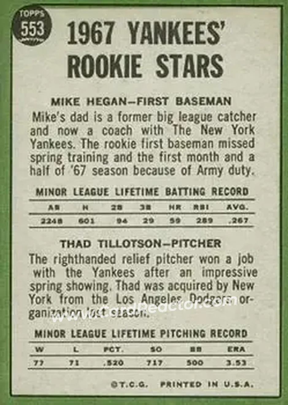 1967 Topps #553 - Card #553 - New York Yankees - Back