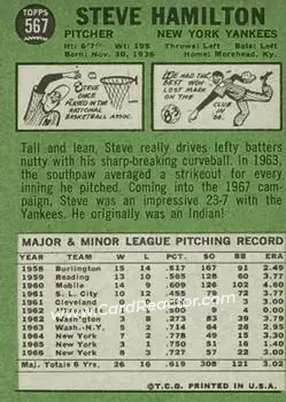 1967 Topps #567 - Steve Hamilton - New York Yankees - Back