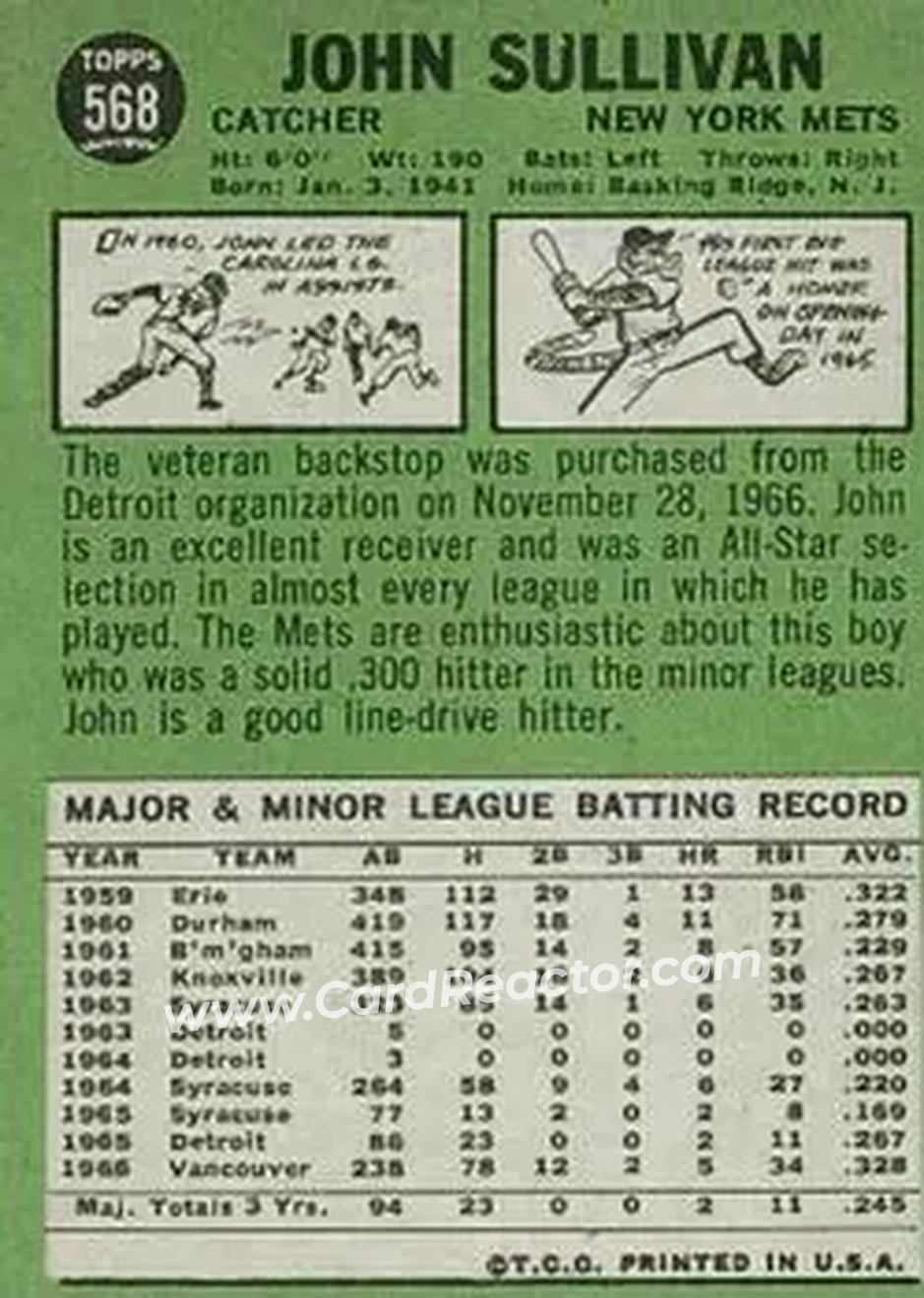 1967 Topps #568 - John Sullivan - New York Mets - Back