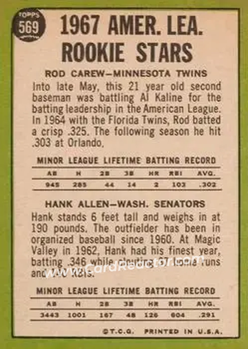 1967 Topps #569 - Card #569 - Back
