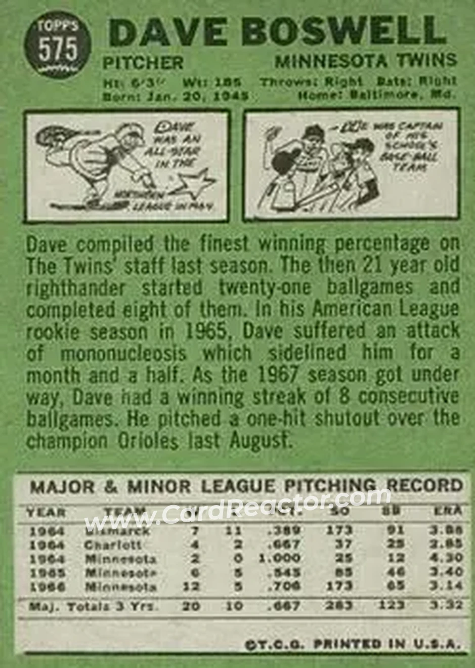 1967 Topps #575 - Dave Boswell - Minnesota Twins - Back