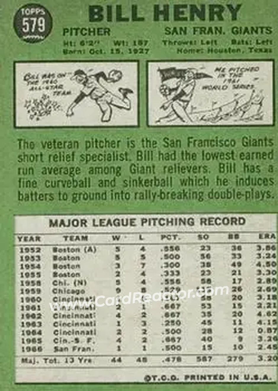 1967 Topps #579 - Bill Henry - San Francisco Giants - Back 1967 Topps #579 - Bill Henry - San Francisco Giants - Back