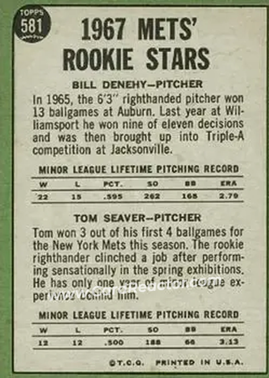1967 Topps #581 - Card #581 - New York Mets - Back
