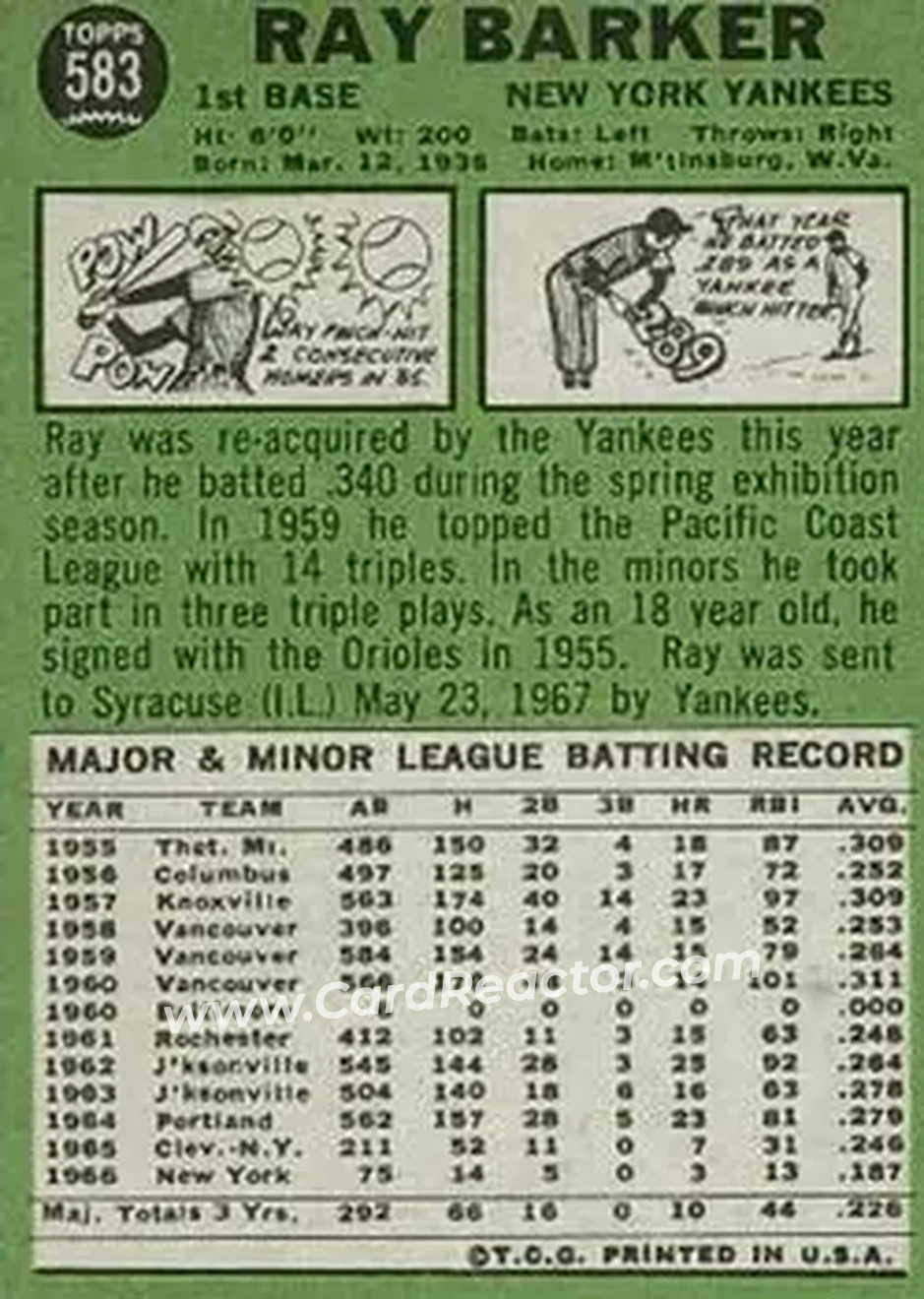 1967 Topps #583 - Ray Barker - New York Yankees - Back
