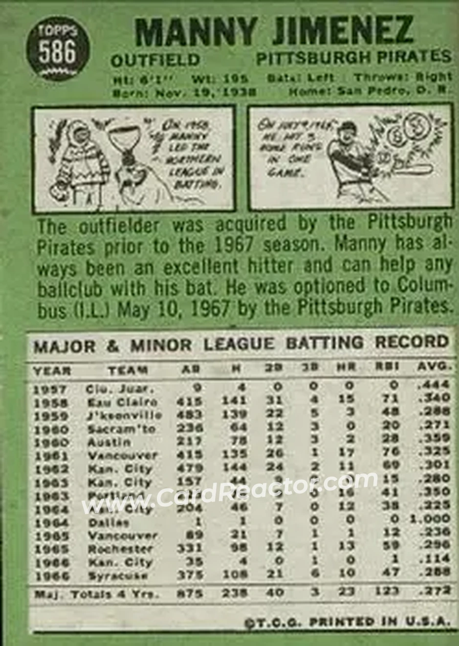 1967 Topps #586 - Manny Jimenez - Pittsburgh Pirates - Back