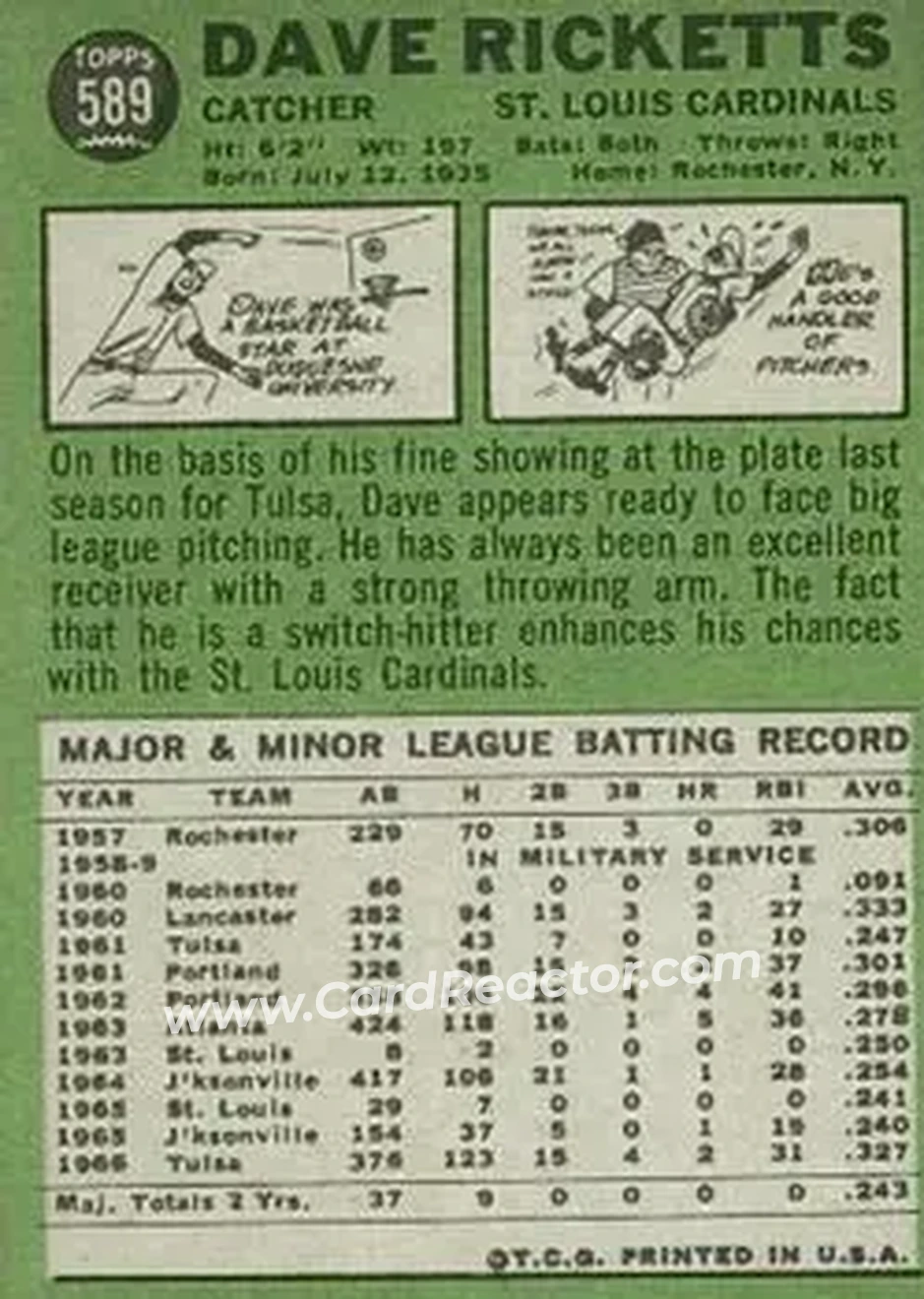 1967 Topps #589 - Dave Ricketts - St. Louis Cardinals - Back