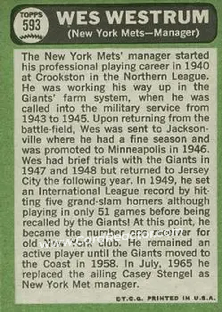 1967 Topps #593 - Wes Westrum - New York Mets - Back
