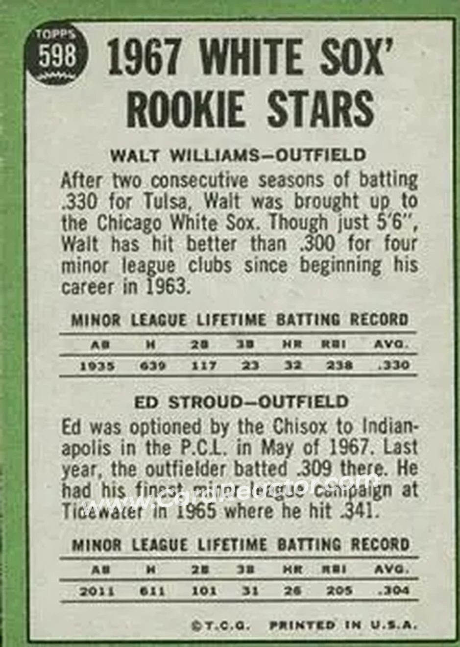 1967 Topps #598 - Card #598 - Chicago White Sox - Back