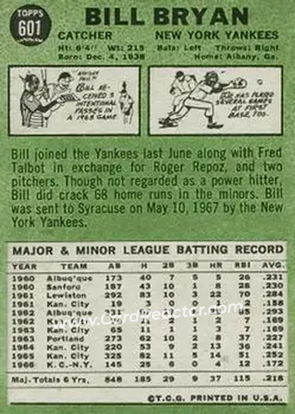 1967 Topps #601 - Billy Bryan - New York Yankees - Back