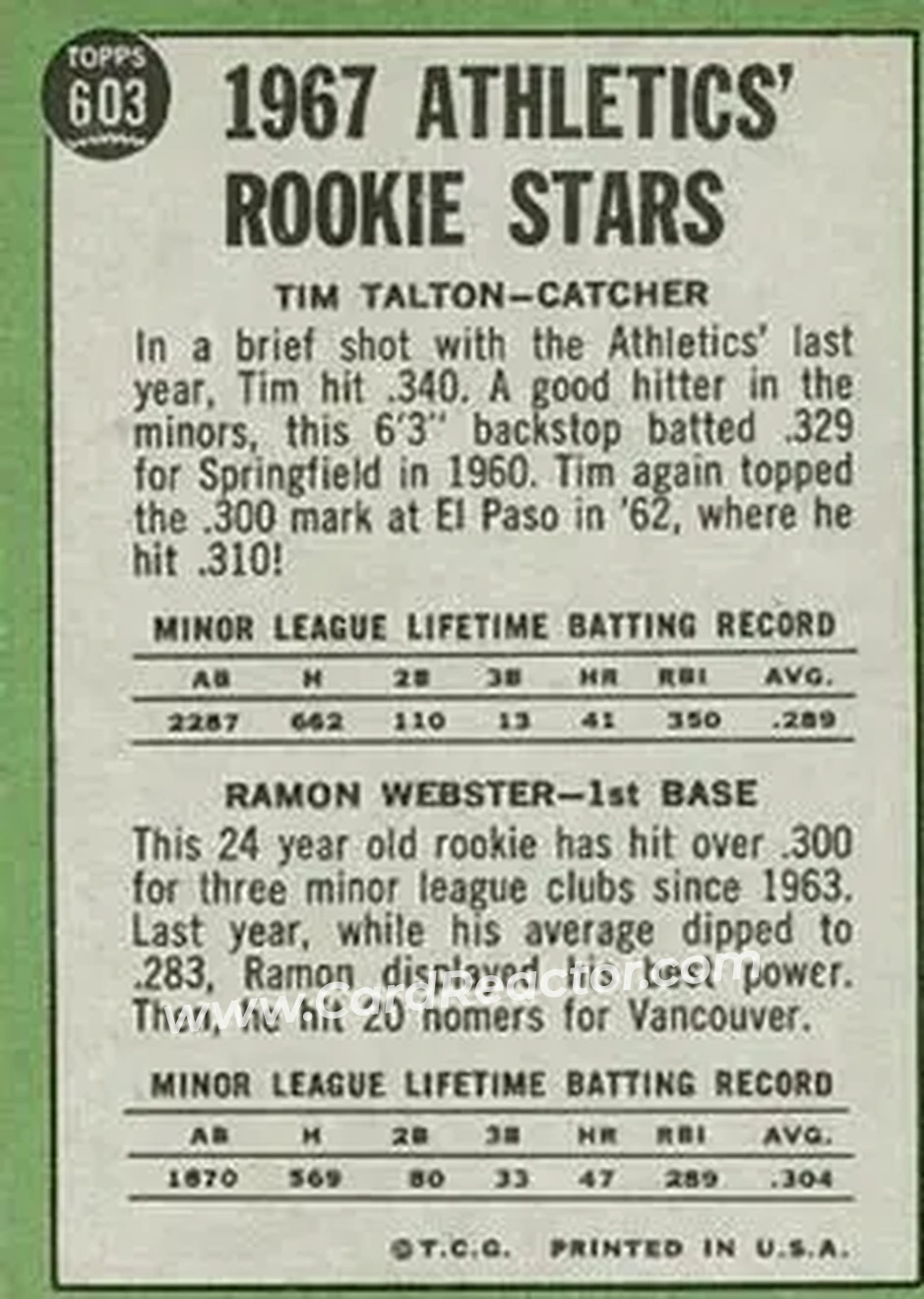1967 Topps #603 - Card #603 - Kansas City Athletics - Back