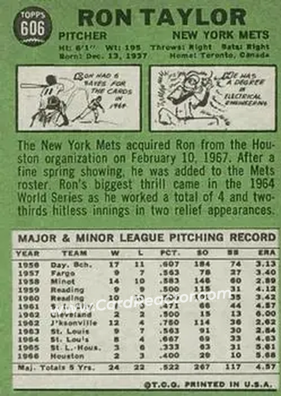 1967 Topps #606 - Ron Taylor - New York Mets - Back