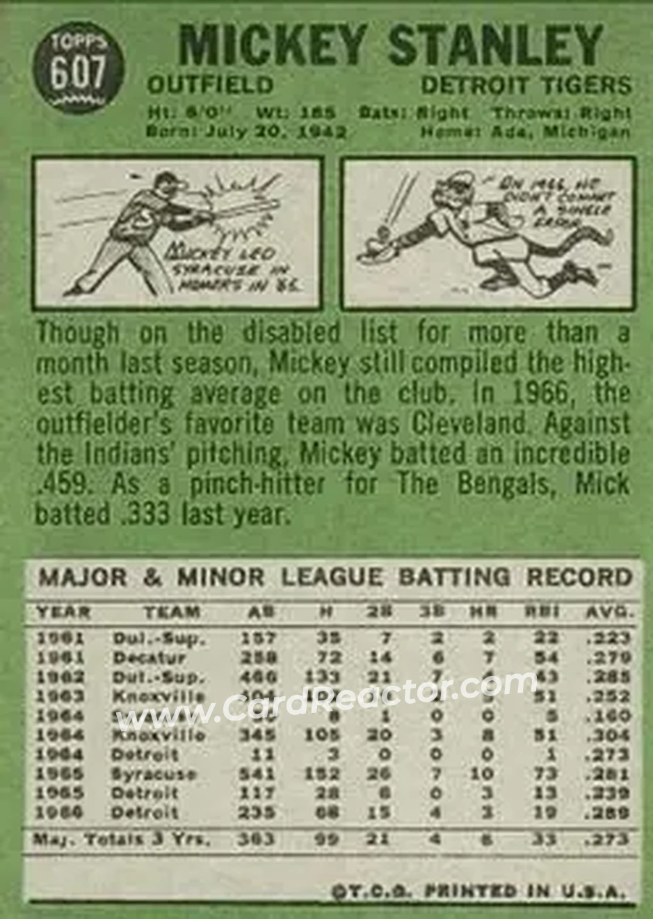 1967 Topps #607 - Mickey Stanley - Detroit Tigers - Back