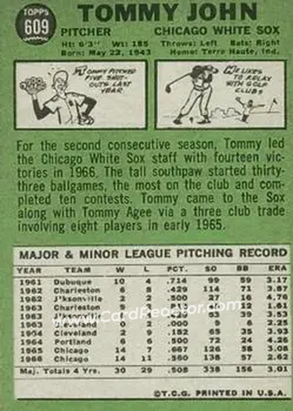 1967 Topps #609 - Tommy John - Chicago White Sox - Back 1967 Topps #609 - Tommy John - Chicago White Sox - Back