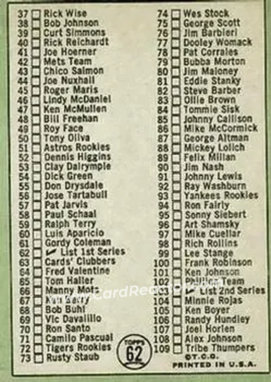 1967 Topps #62 - Card #62 - Back