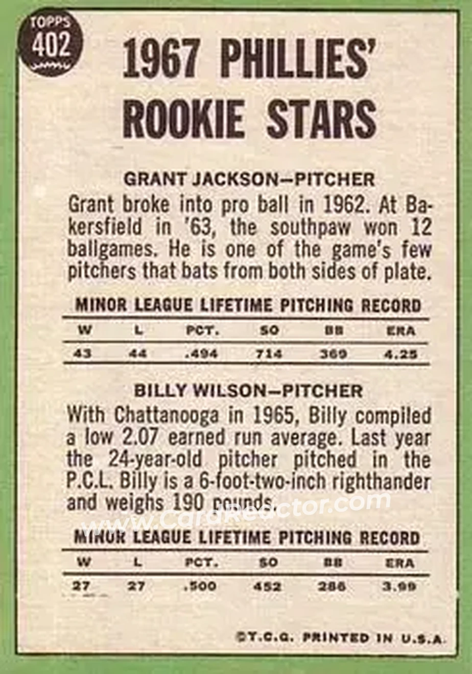 1967 Topps #402 - Card #402 - Philadelphia Phillies - Back