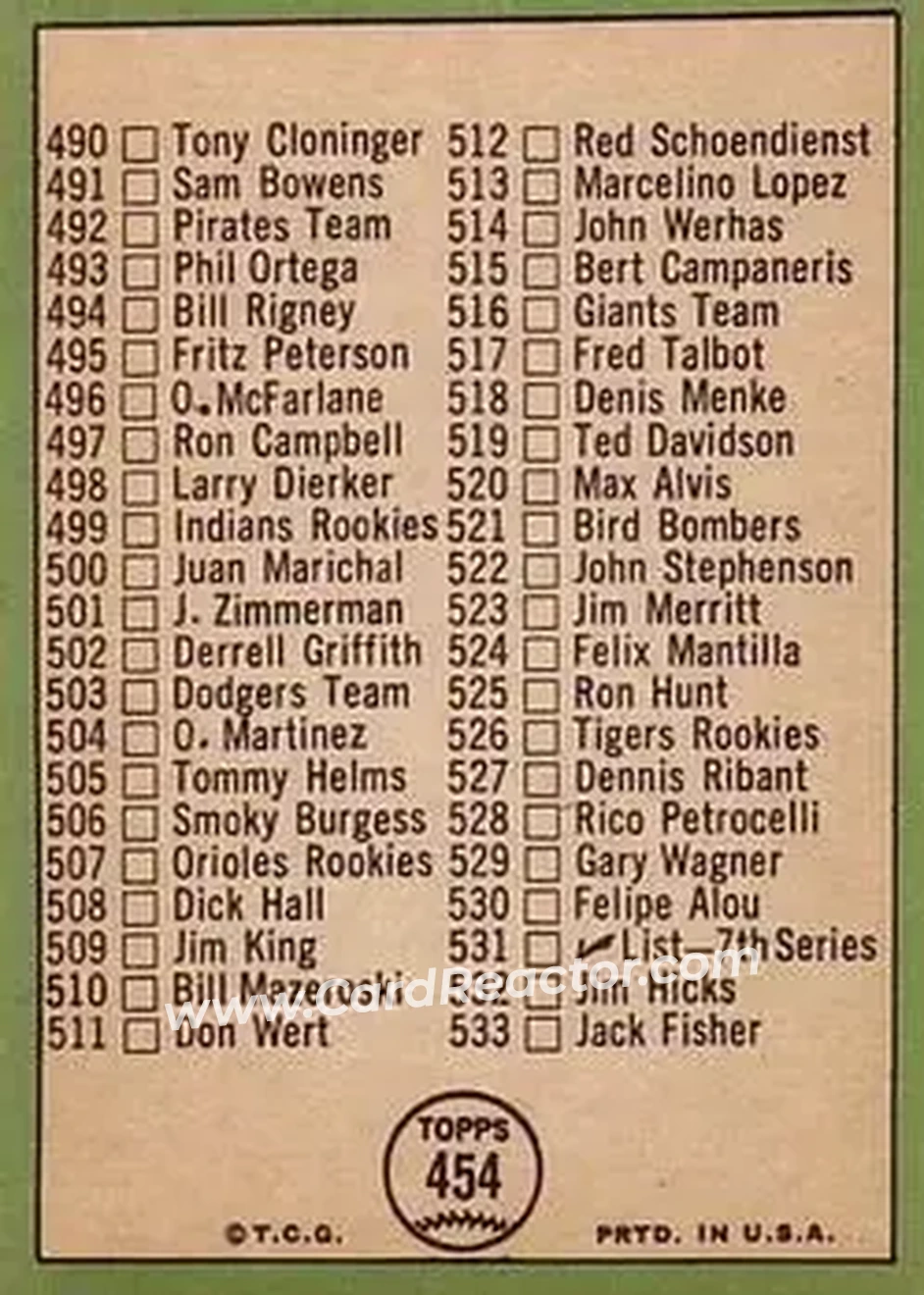 1967 Topps #454 - Card #454 - Back